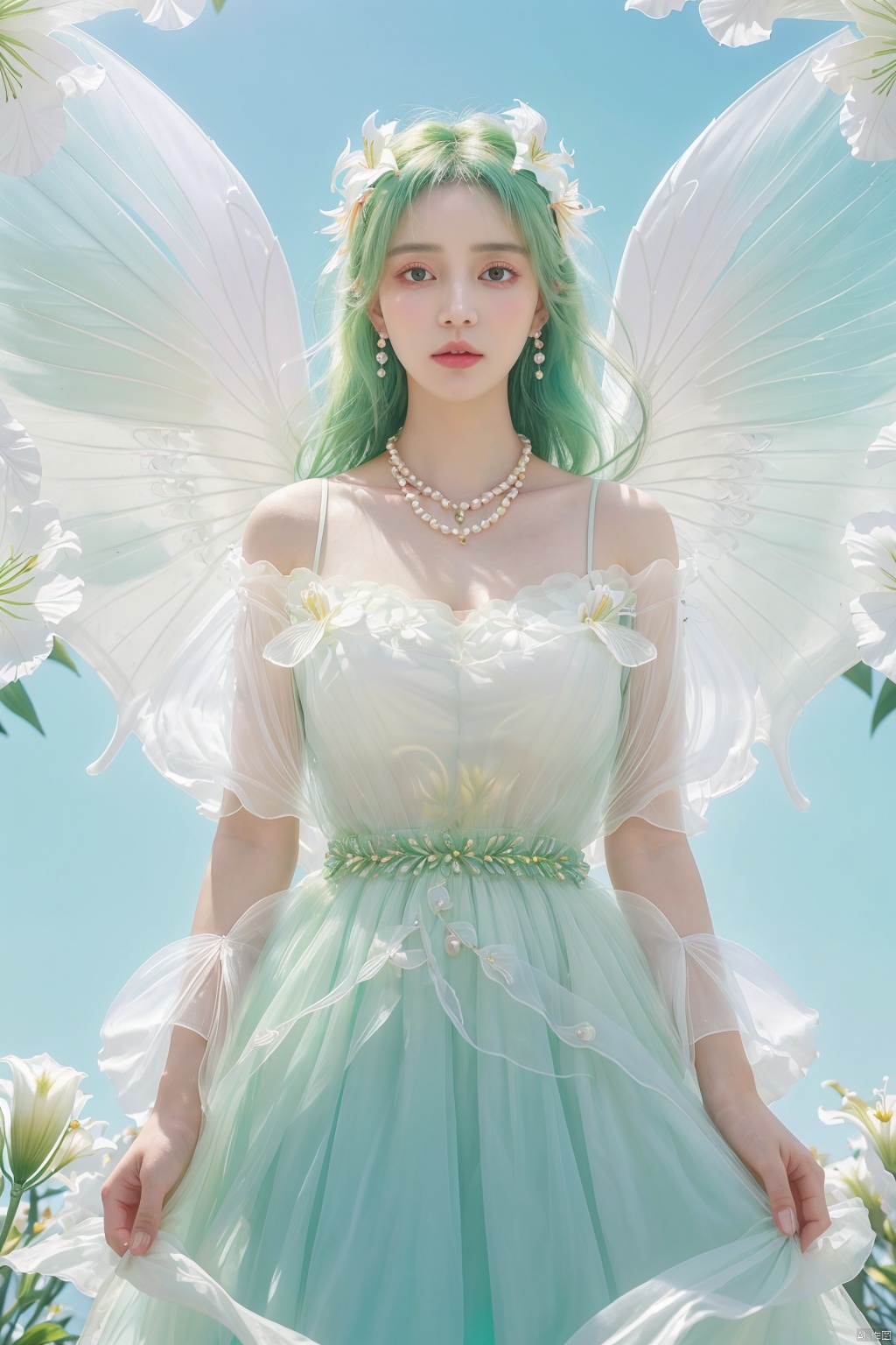 Quality, 8K, extremely intricate details, 1 girl, Lolita, gradient color, careful eyes, transparent wings, gradient art, in the flowers, (huge lily :1.1), sky, (White cloud :0.9), full lens, necklace, pearls and jewelry, 1 girl, flowing dress, light green dress, huge flowers, wide Angle, hdr