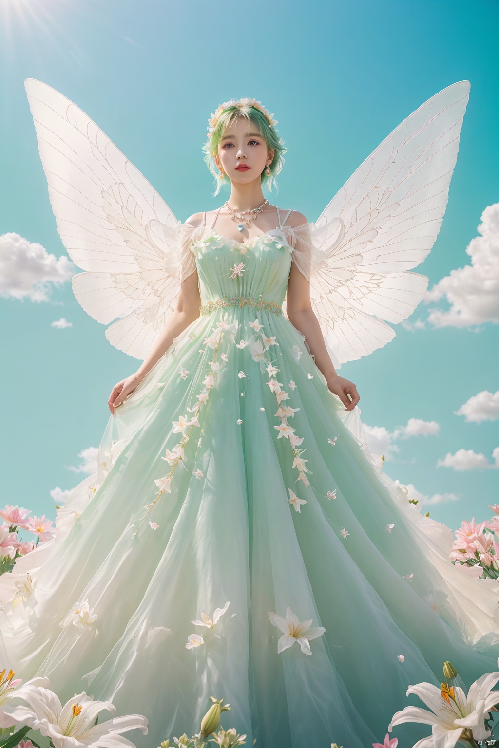  Quality, 8K, extremely intricate details, 1 girl, Lolita, gradient color, careful eyes, transparent wings, gradient art, in the flowers, (huge lily :1.1), sky, (White cloud :0.9), full lens, necklace, pearls and jewelry, 1 girl, flowing dress, light green dress, huge flowers, wide Angle, hdr