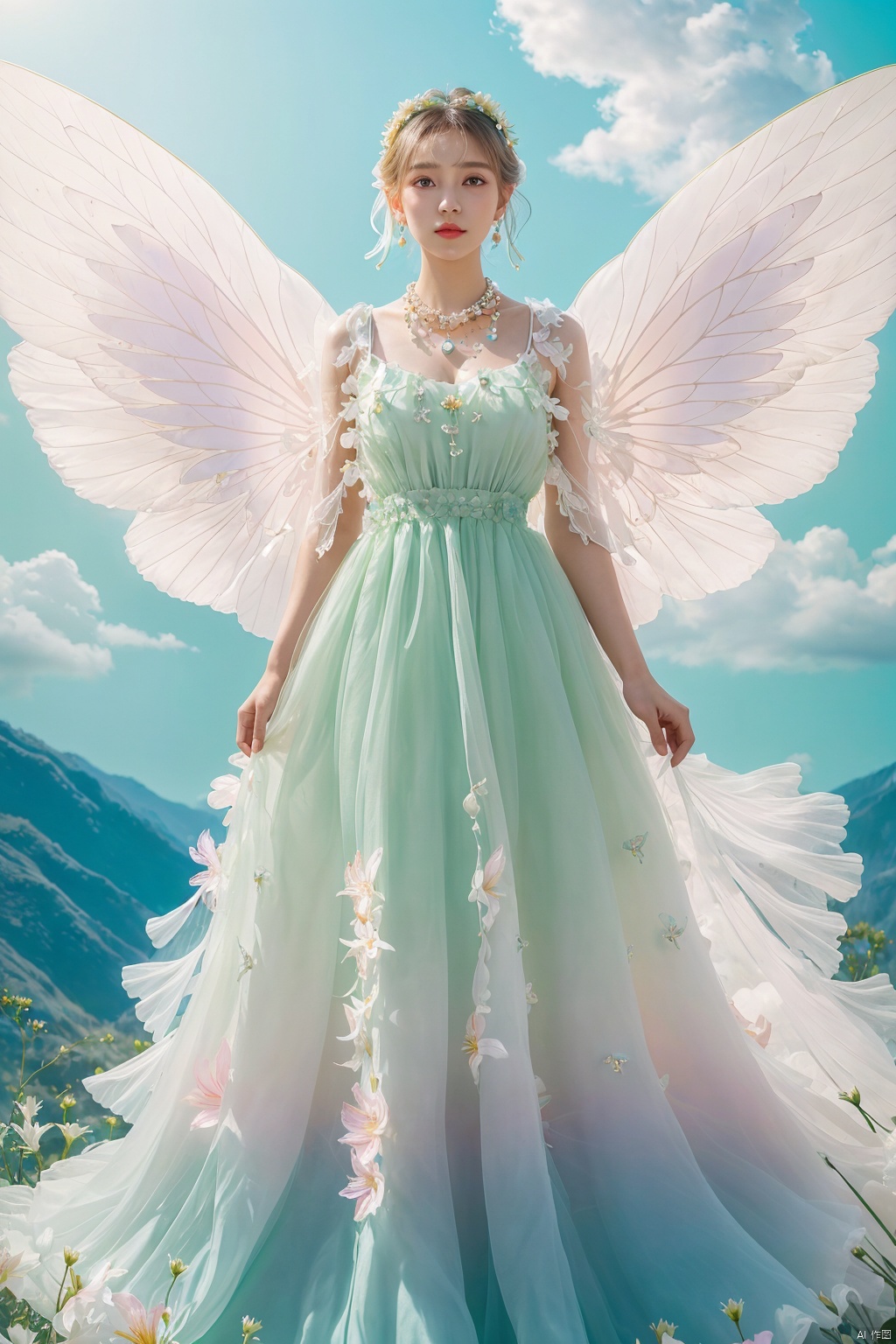  Quality, 8K, extremely intricate details, 1 girl, Lolita, gradient color, careful eyes, transparent wings, gradient art, in the flowers, (huge lily :1.1), sky, (White cloud :0.9), full lens, necklace, pearls and jewelry, 1 girl, flowing dress, light green dress, huge flowers, wide Angle, hdr