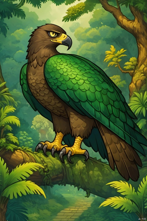  Emerald Serpent Eagle, A creature with the body of a serpent and the head and wings of an eagle. Its scales are a lush green, reminiscent of a dense, enchanted forest, and its eyes hold the wisdom of the ages., 2d game characters