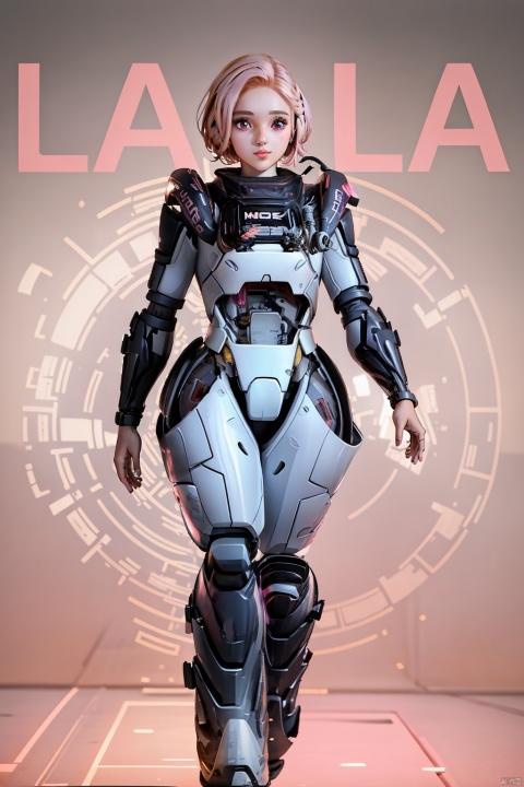  1girl, solo, looking at viewer, short hair,（ Pink eyes：1.8）, full body, pink hair, armor, lips, bodysuit, science fiction, hologram, HD,32k,,Ride a motorcycle, Mecha