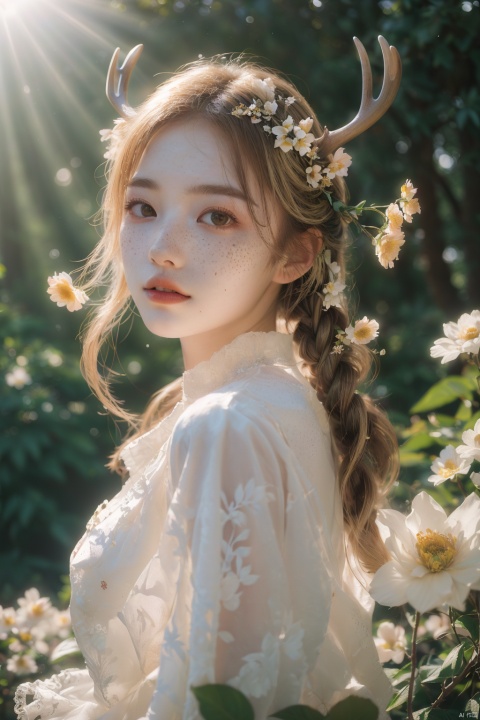  Vintage portrait, photography style, soft focus, pure face,Deer, girl, antlers, vine with leaves, Blonde hair, European and American advanced face, freckles, Detailed light and shadow, Wind, (Strong Sunshine),Two plaits, The forest,Front light source,
, (\xing he\), tm, flowing skirts,Giant flowers,