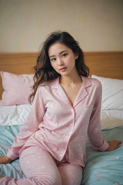  score_9, score_8_up, score_7_up, score_6_up, score_5_up, score_4_up, Hong Kong girl, translucent, pajamas, bed, hotel, bust photo, photo, best picture quality, multi-effect, HD, real,wavy hair