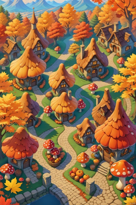  Mushroom houses, trees, roads, HD, masterpieces, best quality, autumn, harvest fruit,