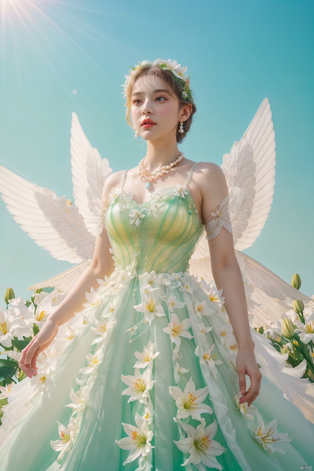  Quality, 8K, extremely intricate details, 1 girl, Lolita, gradient color, careful eyes, transparent wings, gradient art, in the flowers, (huge lily :1.1), sky, (White cloud :0.9), full lens, necklace, pearls and jewelry, 1 girl, flowing dress, light green dress, huge flowers, wide Angle, hdr