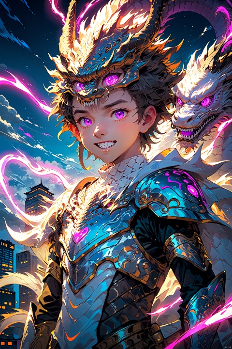  the poster of the anime character with an horned head, in the style of neon lights, futurism, handsome, i can't believe how beautiful this is, 2d game art, white, fantasy characters, Anime style, mlonggwang
solo, 1boy, purple eyes, male focus, outdoors, sky, teeth, armor, no humans, glowing, sharp teeth, building, science fiction, monster, city, dragon, lbbao