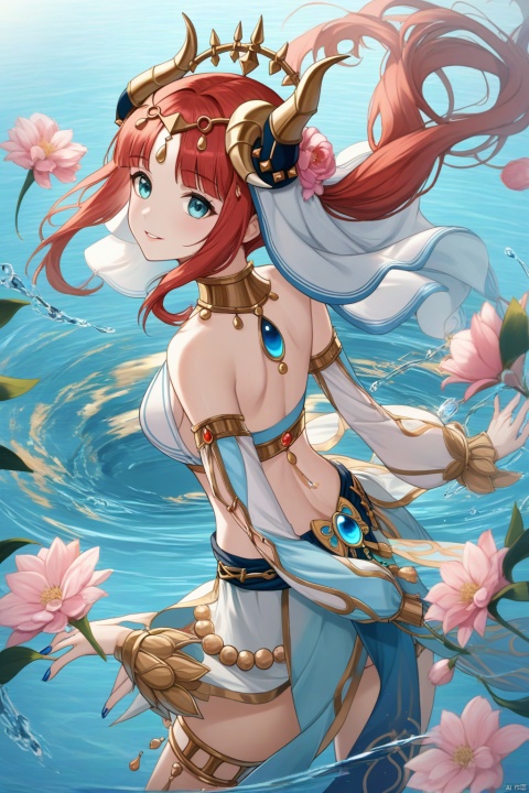 1girl, solo, long hair, breasts, looking at viewer, smile, bangs, blue eyes, skirt, hair ornament, long sleeves, twintails, jewelry, medium breasts, flower, sidelocks, red hair, cowboy shot, parted lips, horns, puffy sleeves, looking back, hair flower, water, aqua eyes, crop top, parted bangs, clothing cutout, tattoo, floating hair, back, gem, veil, pink flower, puffy long sleeves, blue nails, gold trim, circlet, vision \(genshin impact\), bare back, fake horns, thighlet, dancer, harem outfit, back tattoo, nilou \(genshin impact\)