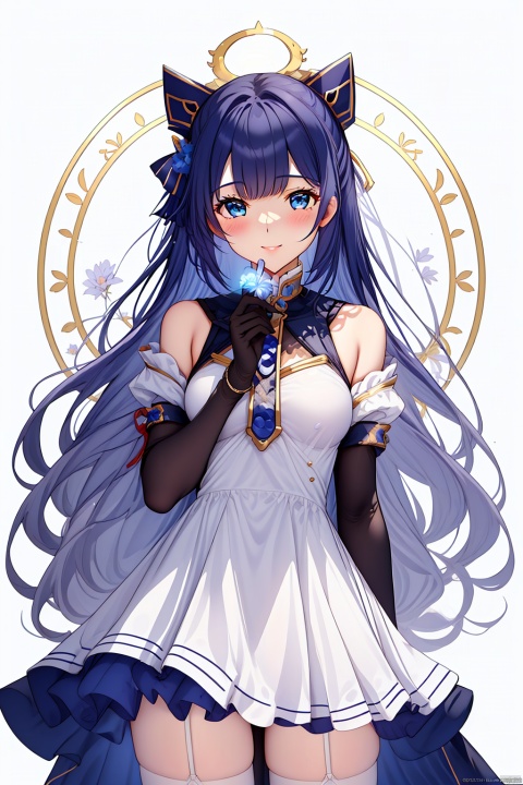  1girl, solo, long hair, breasts, looking at viewer, blush, smile, bangs, blue eyes, simple background, thighhighs, gloves, white background, dress, bare shoulders, medium breasts, very long hair, closed mouth, standing, grey hair, detached sleeves, black gloves, black thighhighs, white dress, headgear, garter straps, own hands together, mecha musume