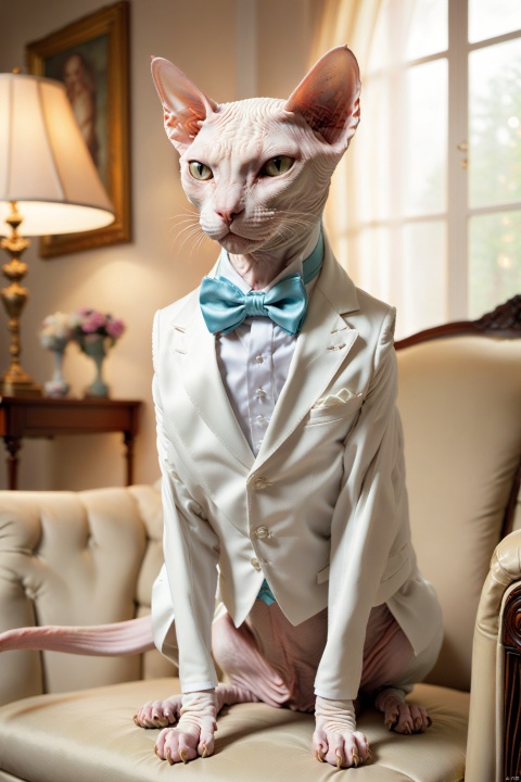 Sphynx cat, hairless cat, white tuxedo, bow tie, domestic interior, standing, warm lighting, soft-focus background, fabric sofa, picture frame, humorous, pet fashion, vertical orientation, pastel colors, calm expression, tail visible, clean composition, natural light, indoor setting, selective focus, elegant attire, animal anthropomorphism.,