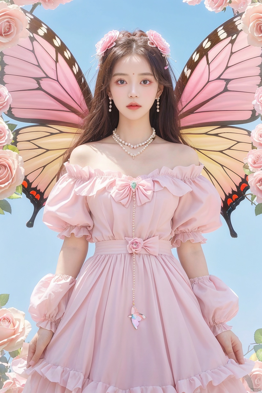  quality, 8K, extremely complex details, 1girl, lolita, careful eyes, looking_at_viewer, butterfly, gradient art, in the flower cluster, (rose:1.1), sky, (white cloud:0.9), full_shot, necklace, pearls andjewels, , 1girl, moyou