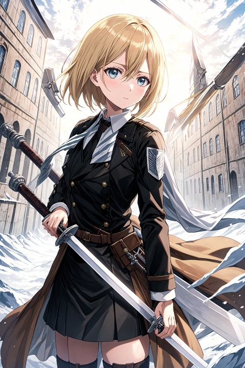 Mika Ackerman from Attack on Titan, she is a tall, cold-faced woman. She has determination and resolve in her eyes and holds a giant sword in her hand. She wears a black uniform and a white