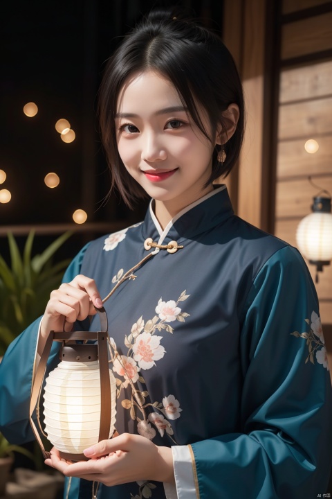 1girl, solo, looking at viewer, smile, short hair, black hair, upper body, blurry, black eyes, lips, chinese clothes, lantern, realistic, paper lantern, Light master
