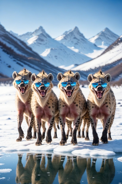 A pack of hyenas in stylish sunglasses, surprised, cute, laughing,  outdoors, sky, day, blue sky, no humans, scenery, snow, reflection, ice, mountain, motion blur, lake, frozen