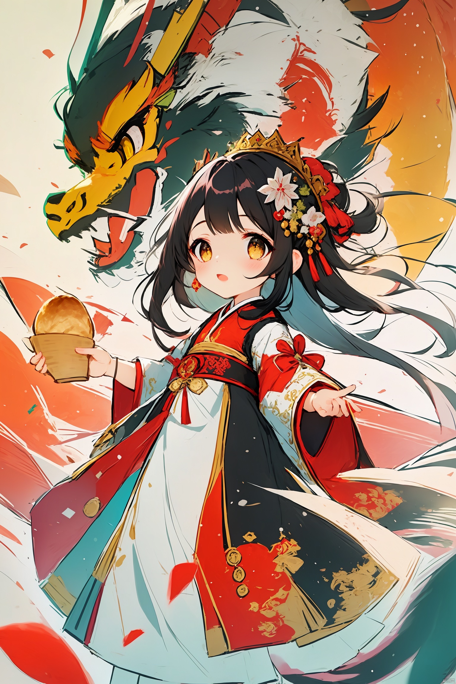  Girl, solo, black hair, hair accessories, Long sleeves, big eyes, Surprise, Open mouth, HD, lips, bread, toast, depth of field, animals, Hanfu, printing, children, nose, dragon, Oriental dragon, Yue, hair accessories, Hanfu,