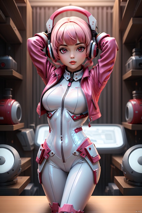  1girl, arms up, bangs, bodysuit, breasts, covered navel, cropped jacket, gloves, headphones, impossible bodysuit, jacket, large breasts, long hair, long sleeves, looking at viewer, lying, medium breasts, on back, parted lips, pink bodysuit, pink eyes, pink hair, puffy sleeves, red jacket, shrug \(clothing\), skin tight, solo, twintails,alice \(nikke\),(masterpiece:1.4),(best quality:1.4),(shiny skin),realistic, Electroplating paint