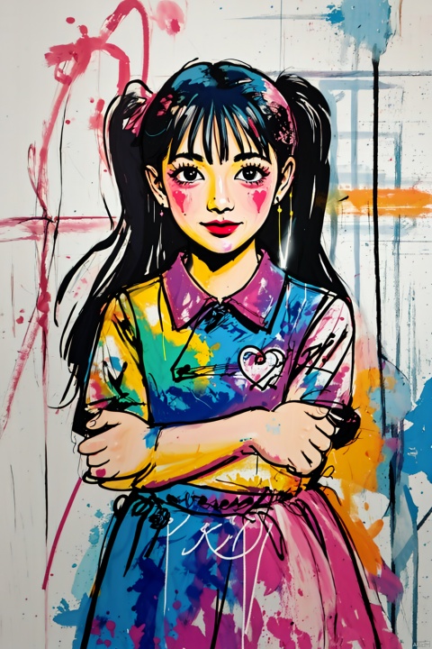  A girl,solo,cute,lines,rainbow colors,colored spray paint,colored inkdrops,, children, 1girl