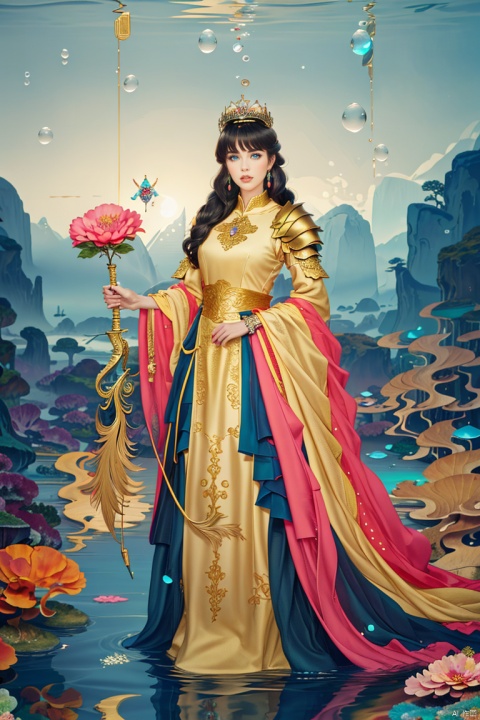 1girl, solo, long hair, bangs, blue eyes, black hair, holding, jewelry, full body, flower, earrings, armor, book, crown, staff, gauntlets, pink flower, fish, bubble, underwater, wand, air bubble, coral