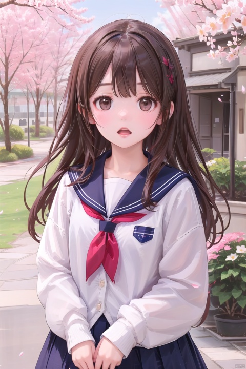  1girl, solo, long hair, looking at viewer, blush, open mouth, bangs, skirt, brown hair, shirt, long sleeves, brown eyes, school uniform, standing, upper body, flower, outdoors, parted lips, sky, serafuku, day, hand up, sailor collar, tree, blue sky, neckerchief, sleeves past wrists, petals, cardigan, blue sailor collar, cherry blossoms, red neckerchief, white cardigan, wmchahua, simple drawing, childpaiting