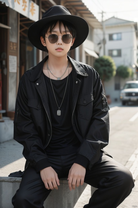  solo, shirt, black hair, 1boy, hat, jewelry, sitting, jacket, male focus, outdoors, day, pants, necklace, blurry, sunglasses, ground vehicle, building, motor vehicle, realistic