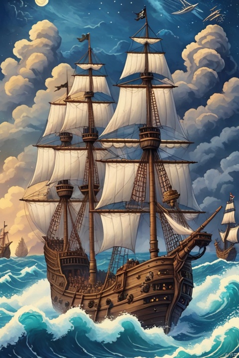 pubg style the image features a pirate ship sailing in the ocean, surrounded by rough waves and foamy sea spray. the pirate ship is large with three masts, each displaying sails that catch the wind as it moves forward. the background consists of a starry night sky, which adds an element of mystique to the scene. the style used in this artwork appears to be a mix of fantasy and realistic elements, creating a visually engaging and dramatic depiction of the pirate ship's voyage across the open waters. . realistic battle royale, survival mechanics, tactical combat