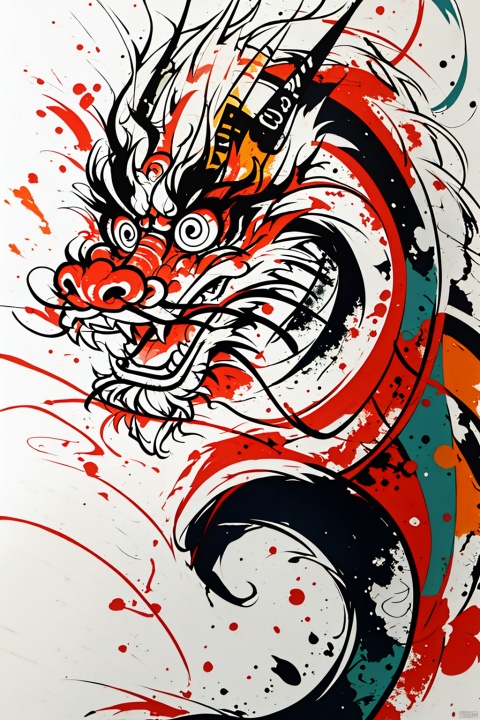  A Chinese dragon,splash ink,color,line,(cute:1.5),casual,abstract,exaggerated,big eyes,surprise,Lines,colored spray paint,colored inkdrops,, Cluttered lines