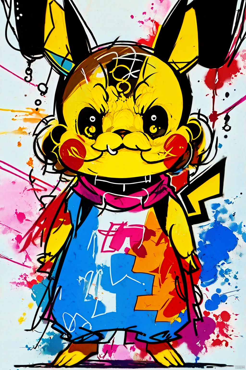  Pokemon,Pikachu,Clutteredlines,Colored spray paint, colored ink drops, Pikachu