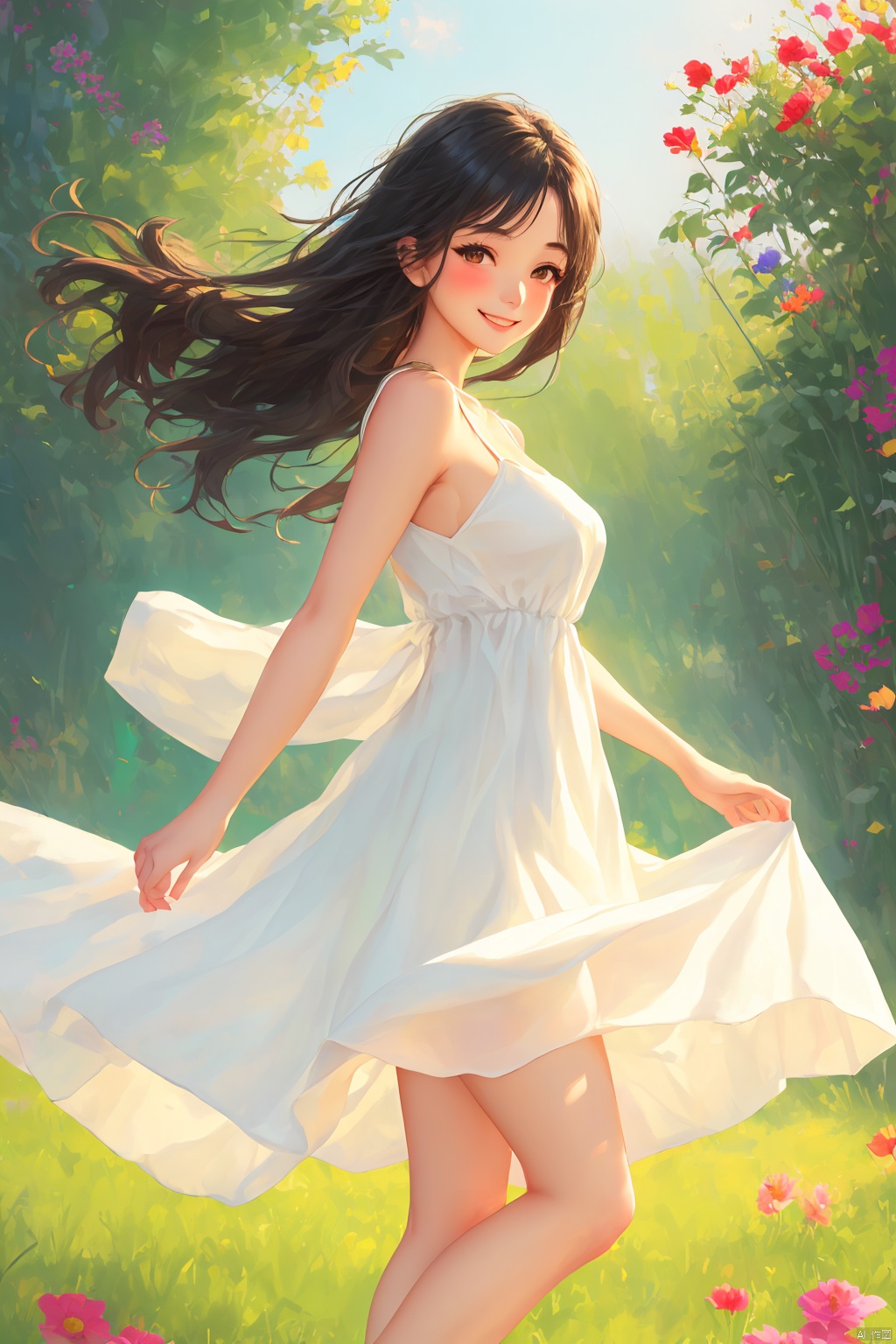 1girl, solo, long hair, breasts, looking at viewer, blush, smile, black hair, dress, bare shoulders, brown eyes, standing, flower, outdoors, sleeveless, white dress, from side, bare arms, sleeveless dress, feet out of frame, wind, sundress