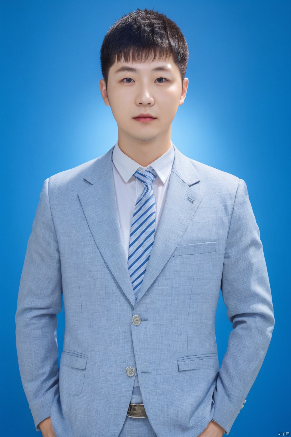  1male,masterpiece,best quality,bang,ultra high res,（25 y.o.),(photorealistic:1.4),business suit,shirt,(blue background:1.3),identification photo,(straight-on:1.2),blue_IDphoto