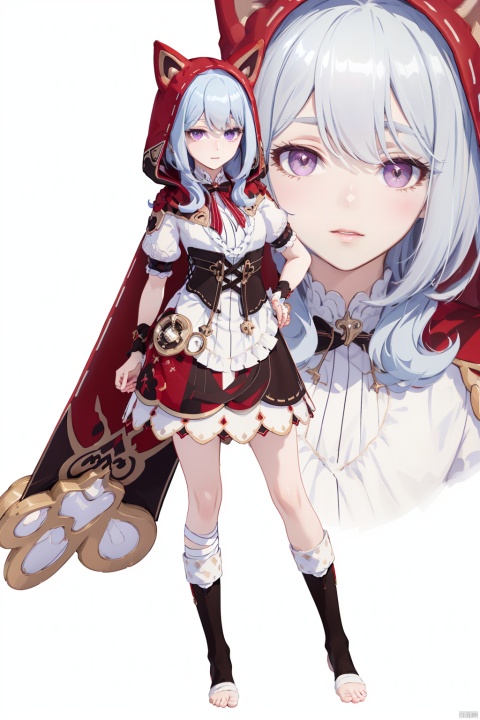  8k, best quality, masterpiece, (ultra-detailed:1.1), (high detailed skin), (full body:1.2), white background, standing, looking at viewer, (solo:1.4), hand on hip, , (rglx:1.2), 1girl, purple eyes, red hood, cat ears hood, dress, cloak, (white background, simple background:1.5), (beautiful_face), ((intricate_detail)), clear face, ((finely_detailed)), fine_fabric_emphasis, ((glossy)), full_shot,