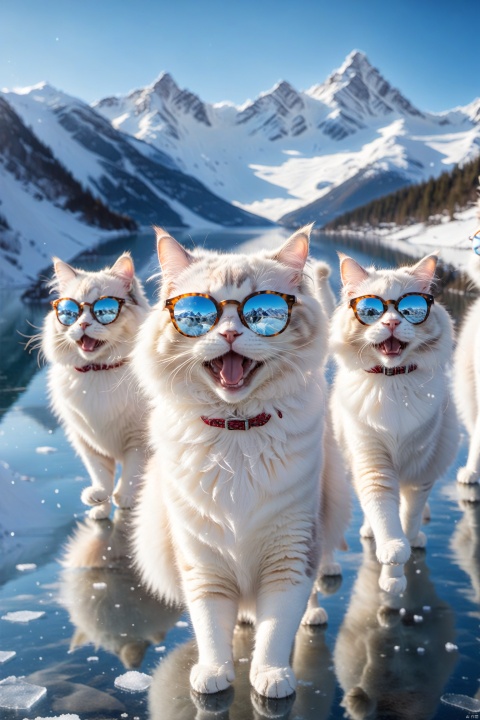 A bunch of ragdoll cats in stylish sunglasses, surprised, cute, laughing,  outdoors, sky, day, blue sky, no humans, scenery, snow, reflection, ice, mountain, motion blur, lake, frozen