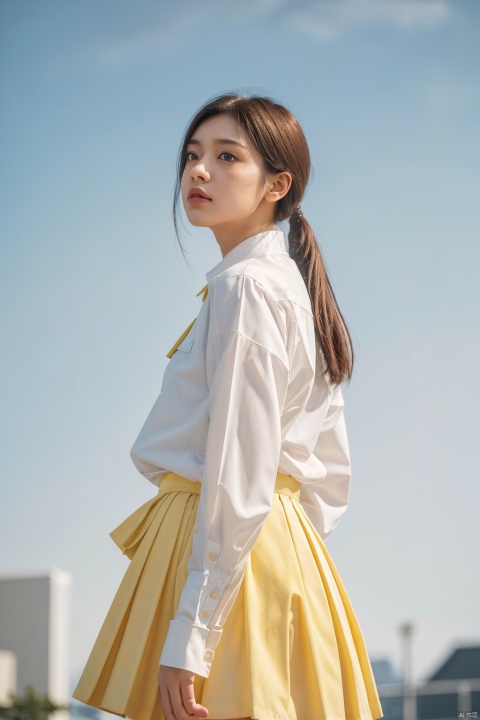 yellow theme,masterpiece,best quality,snowing,ray tracing,backlighting,dutch angle,(from side:0.4),Half side,1girl,solo,look up,arms behind back,oversized shirt,oversized clothes,school uniform,serafuku,beautiful detailed sky,(blurry foreground:1.2),light particles,bokeh,blurry,depth of field,blurry background,
,,,