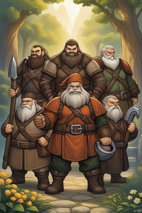  score_9, score_8_up, score_7_up, score_6_up, score_5_up, score_4_up score_9,score_8_up,Dwarves are a fictional character archetype that typically have short but robust bodies and are known for their incredible strength. Their skin color is usually gray or brown, and their hair is typically dark brown or auburn and short and stout. Dwarves' features are often rugged with prominent beards or goatees, which are considered indicative of their brawn and fighting prowess. They have dark-colored eyes and heightened vision due to their long periods of subterranean living.Dwarves typically wear heavy clothing and leather goods, which are made to be durable and protective during their mining and crafting processes. Their broad and powerful hands are highly regarded for their skilled craftsmanship, from building homes to the forging of weapons and armor.Generally, dwarves are known for their bravery and stubbornness. They value tradition, respect for the law, and family honor, which they take pride in. Overall, the dwarven archetype is widely used in culture to represent a variety of characters, including warriors, miners, craftsmen, and elites in various fields.The gentle sunshine and natural scenery under the sunlight: The sunshine is a source of vitality for life. It shines on all things in nature, makes all plants and trees full of vitality, and gives natural scenery a gentle and warm aesthetic.