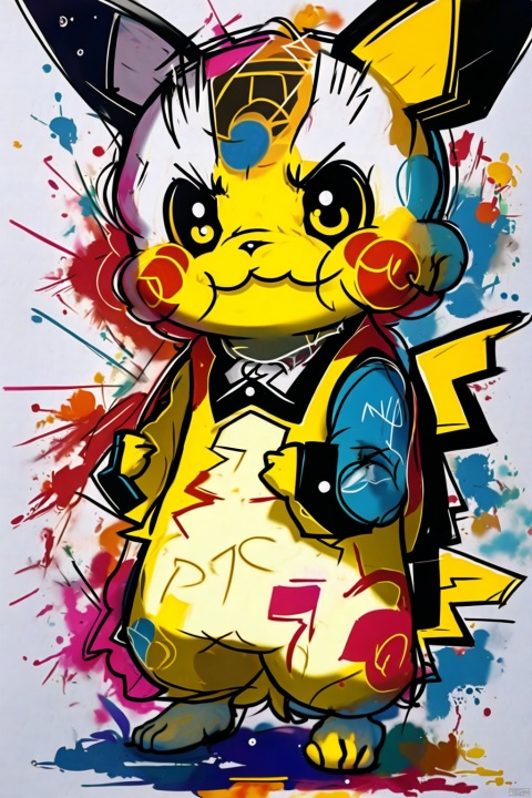  Pokemon,Pikachu,Clutteredlines,Colored spray paint, colored ink drops, Pikachu