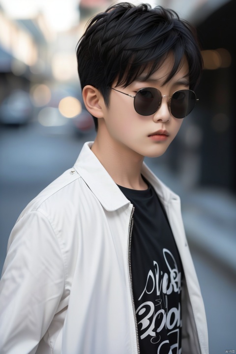  solo, looking at viewer, short hair, shirt, black hair, 1boy, closed mouth, jacket, white shirt, upper body, male focus, glasses, blurry, black eyes, black jacket, blurry background, sunglasses, realistic, print shirt