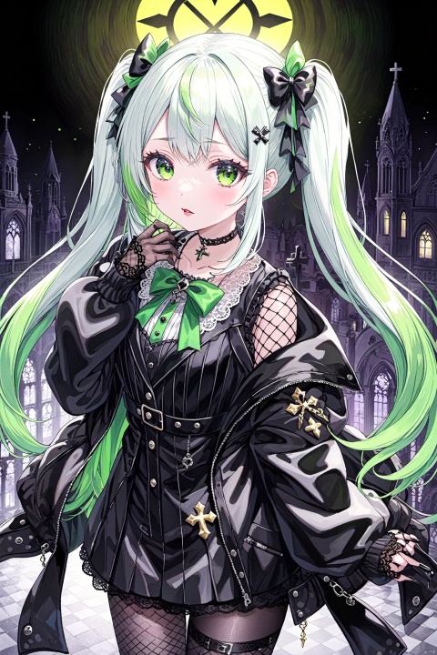 masterpiece,  best quality,  1girl,  solo,  long hair,  twin tails,  hair buns,  multicolored hair, two-tone hair,  white hair,  green hair,  black hair, bangs,  makeup,  black lips,  lipstick,  mascara,  eyeshadow,  cross necklace,  hair bow,  front bow,  lace jacket,  lace gloves,  fishnets,  black leggings,  gothic attire,  dynamic angle,  side lighting,  shiny skin,  detailed eyes,  detailed face