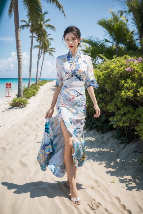  A beach vacation concept, with a model in a tropical resort setting, wearing a stylish swimsuit and a flowing beach cover-up. The backdrop includes palm trees, sandy beaches, and a clear blue sky, creating a sense of relaxation and luxury., china dress\(haihang\), greendesign, Ink painting, flowing skirts,Giant flowers,