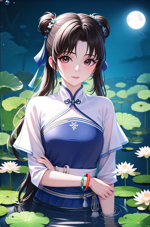 yuanshen, 1girl, lotus, water, lily pad, solo, moon, upper body, dress, jewelry, bracelet, hair bun, black hair, chinese clothes, double bun, flower, blue dress, long hair, night, brown hair, ribbon, partially submerged, nice hands, perfect balance, looking at viewer, closed mouth, (Light_Smile:0.3), official art, extremely detailed CG unity 8k wallpaper, perfect lighting, Colorful, Bright_Front_face_Lighting, White skin, (masterpiece:1), (best_quality:1), ultra high res, 4K, ultra-detailed, photography, 8K, HDR, highres, absurdres:1.2, Kodak portra 400, film grain, blurry background, bokeh:1.2, lens flare, (vibrant_color:1.2), professional photograph, (narrow_waist), masterpiece
