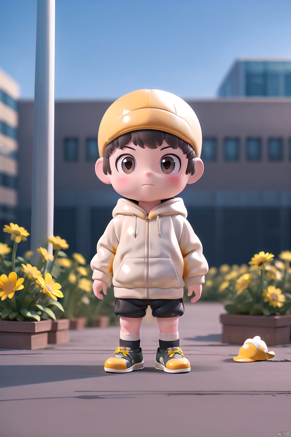  (yellower hat :1.5)1 boy, alone, looking at the audience, short hair, bangs, brown hair, black hair, long sleeves, 1 boy, hat, brown eyes, closed mouth, standing, full body, flowers, male focus, outdoor, shoes, shorts, day, socks, hood, black footwear, black hat, hoodie, black shorts, hood, plants, White socks, ground vehicles, buildings, sneakers, baseball caps, yellow flowers, hands in pockets, pull cords, potted plants, roads, wires, white hoodies, poles, tomboys, flower POTS, air conditioning, crosswalks, volume light, VR rendering