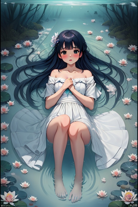  (masterpiece), (best quality), illustration, ultra detailed, hdr, Depth of field, (colorful), loli, 1girl, solo, dress, long hair, lily pad, flower, black hair, barefoot, water, white dress, looking at viewer, bare shoulders, bangs, blush, pink flower, off-shoulder dress, on back, lotus, lying, off shoulder, partially submerged, parted lips, bare legs, collarbone, outdoors, black eyes, breasts, aqua theme, masterpiece