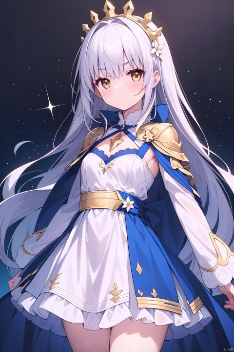 1girl, solo, long hair, breasts, looking at viewer, bangs, long sleeves, dress, brown eyes, flower, white hair, sidelocks, small breasts, frills, cape, blue dress, blue cape, forked eyebrows, fairy knight lancelot \(fate\)