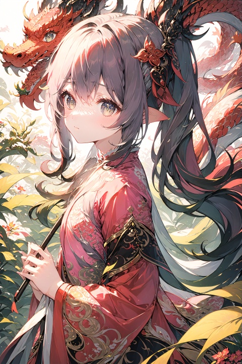  masterpiece, best quality, 1girl, wear pink chinese traditional hanfu,floral print,pink dragon on the left side behind,super detailed,8K,wallpaper,illustration,red and grey black illustration,intricate details,clear lines,bright and soft light, (\lei dian jiang jun\), (gan yu),yae_miko,閽熺, nahida