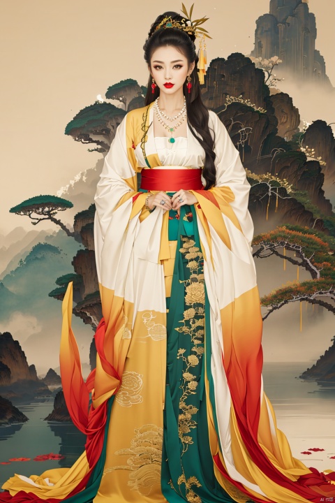 1girl, solo, long hair, looking at viewer, brown hair, black hair, hair ornament, long sleeves, dress, holding, brown eyes, jewelry, closed mouth, standing, full body, earrings, wide sleeves, necklace, bracelet, sash, makeup, chinese clothes, tassel, smoke, beads, shawl, robe, red lips, hair stick, bead bracelet, bead necklace, hanfu
