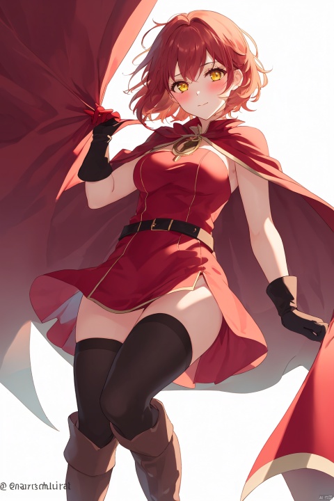 1girl, solo, breasts, looking at viewer, blush, short hair, simple background, thighhighs, gloves, dress, closed mouth, yellow eyes, red hair, boots, belt, twitter username, cape, sleeveless dress, thigh boots, short dress, red dress, red gloves