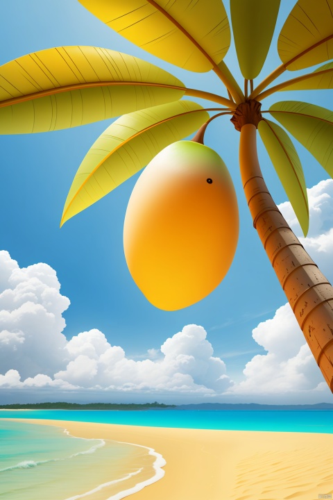  Coconut trees, beach, blue sky, sea, waves, Leaves, colorful striped mango, simple background