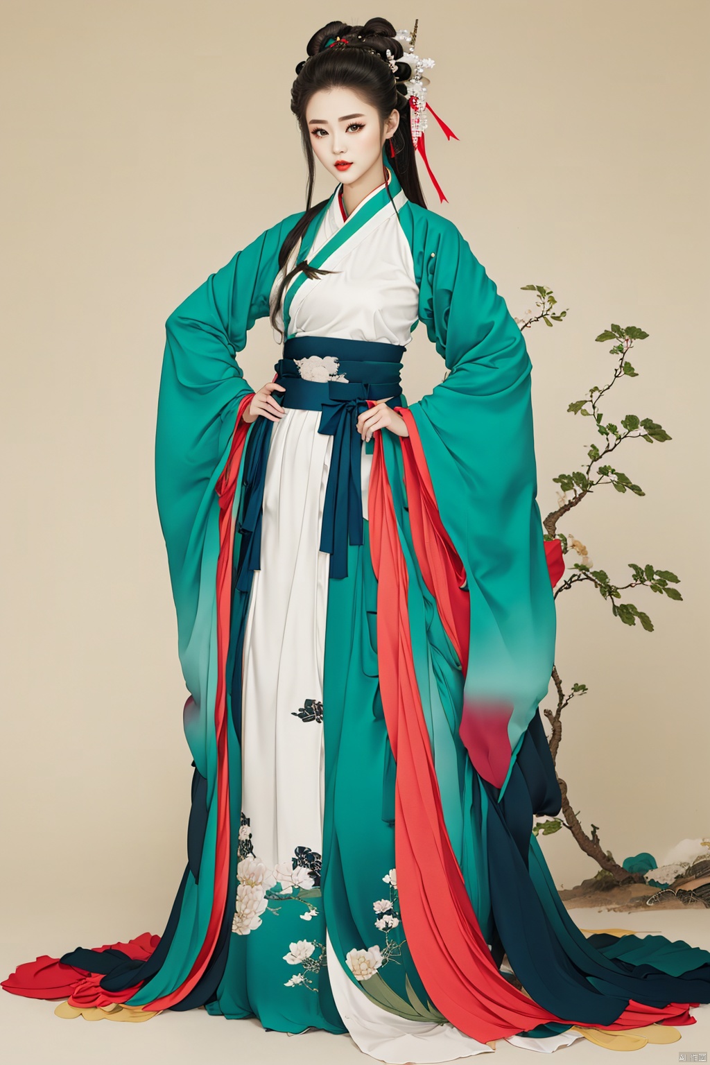 1 girl, hanfu, wide sleeve flowing fairy skirt