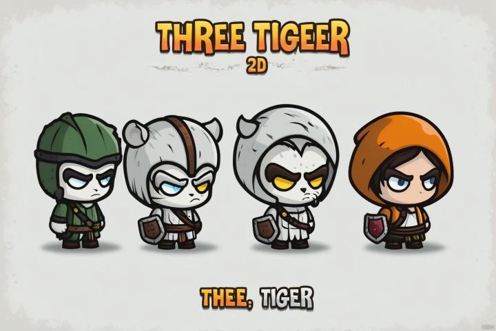 Poster, 2d game character, Masterpiece, title, three game characters, White Tiger