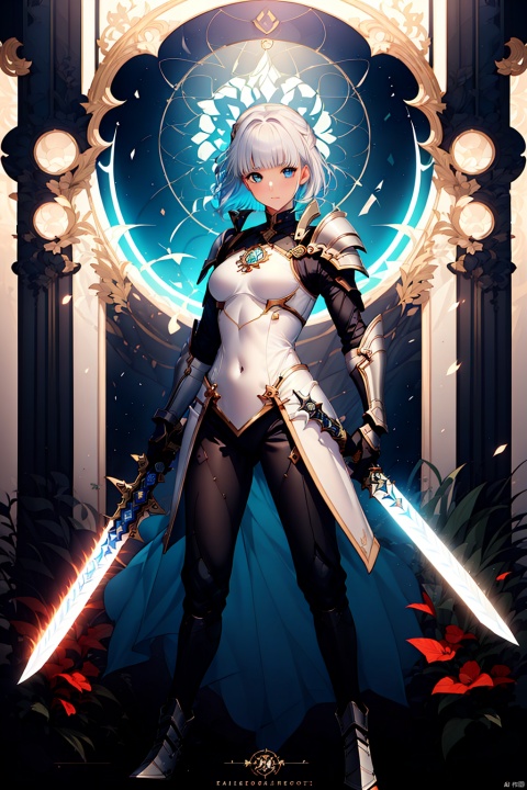  1girl, solo, looking at viewer, short hair, bangs, blue eyes, holding, closed mouth, standing, full body, weapon, white hair, multicolored hair, sword, holding weapon, armor, bodysuit, holding sword, walking, science fiction, dual wielding, arms at sides, white bodysuit, energy sword