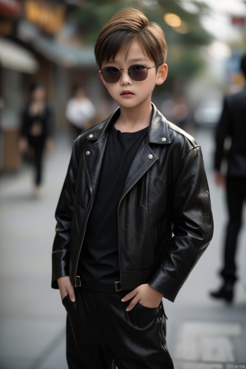  Photo, 10 year old child, single, looking at the audience, short hair, blonde hair, shirt, long sleeve, 1boy, Closed mouth, Standing, Jacket, Male Focus, Cowboy shot, Outdoor, pants, blur, Open Jacket, Black Jacket, black shirt, Depth of Field, Blur Background, Black pants, Sunglasses, Realistic, hands in pockets, leather, Bokeh, Leather jacket, Professional photography, real,