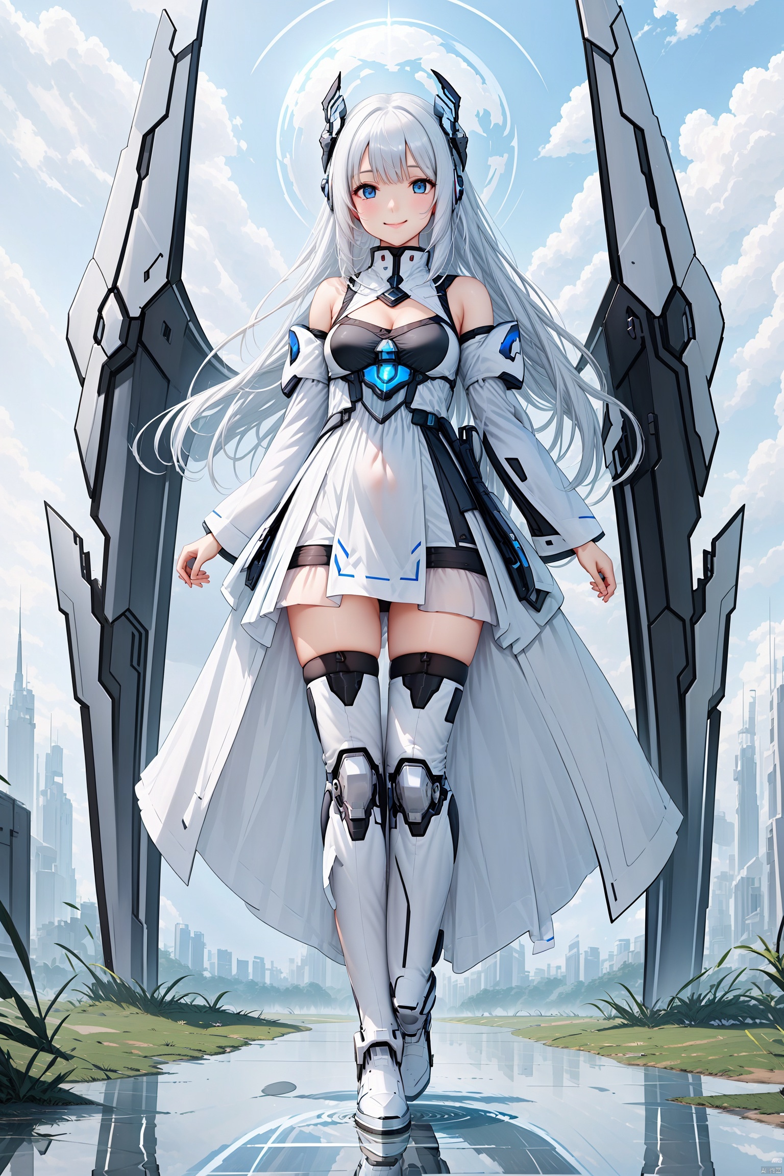  1girl, solo, long hair, breasts, looking at viewer, smile, bangs, blue eyes, thighhighs, dress, bare shoulders, medium breasts, full body, weapon, white hair, boots, outdoors, detached sleeves, wings, sky, day, sword, cloud, water, white dress, armor, zettai ryouiki, petals, floating hair, headgear, cloudy sky, floating, reflection, armored boots, mecha musume, mechanical wings