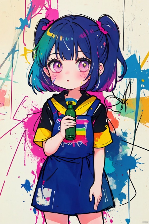  A girl,solo,cute,lines,rainbow colors,colored spray paint,colored inkdrops,,